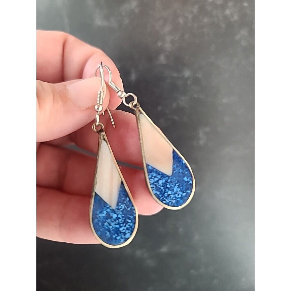 Blue Enamel And Shell Dangling Pierced Earrings Vintage, READ